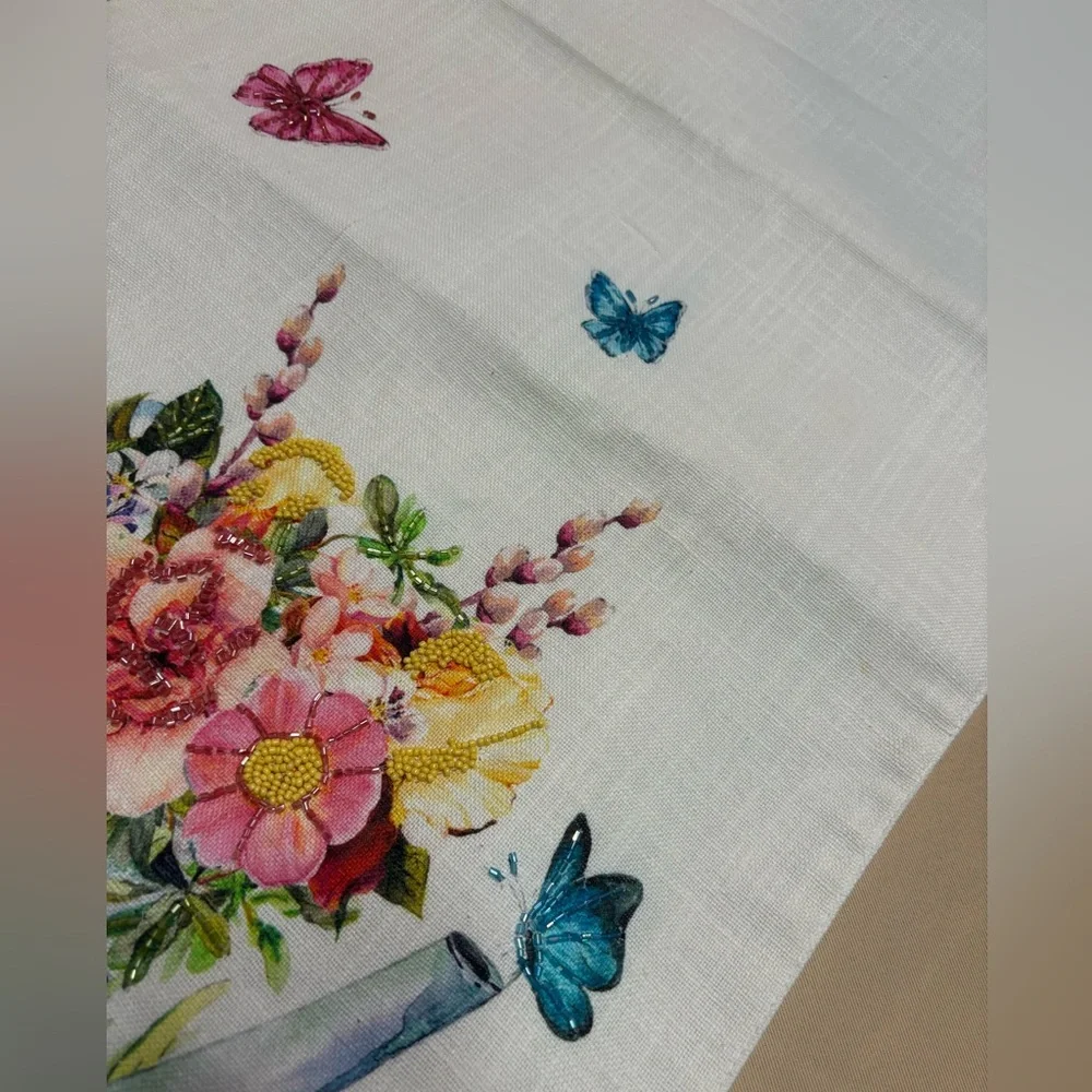 Bunny Tales Easter Beaded Table Runner White Bunny‎ Flowers Cotton